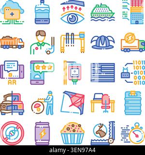 Diverse collection of outline icons illustrating concepts related to business, corporate finance, medical treatment, augmented reality, industrial tra Stock Vector
