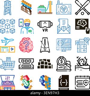 Set of colorful hand drawn style icons depicting a wide array of topics including technology, finance, medicine, travel, business, and daily life scen Stock Vector