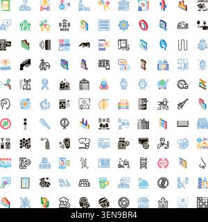 Variety of colorful and black silhouette icons on a white background, visualizing concepts related to finance, communication, environment, health, and Stock Vector