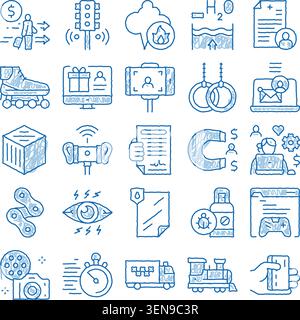 Collection of hand drawn business, technology, transportation, and abstract concept blue icon sketches illustrating various modern themes and services Stock Vector