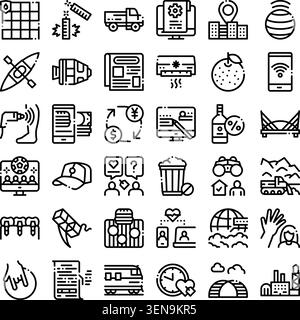 Set of assorted outline stroke icons symbolizing a diverse range of daily activities, professions, technologies, services, and objects in a modern lin Stock Vector
