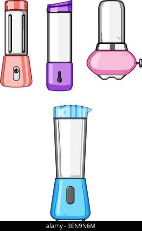 Collection of different colorful portable blenders and smoothie makers, representing modern kitchen appliances for preparing fresh and healthy drinks Stock Vector