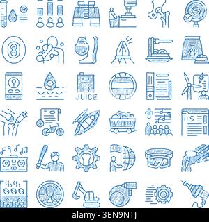 Hand drawn blue doodle style icons illustrating diverse concepts including medical tests, business analytics, health, leisure, sports, and industrial Stock Vector