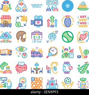 Diverse collection of linear icons representing various business concepts including strategy, growth, collaboration, market analysis, finance, and ren Stock Vector