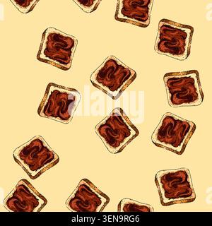 pattern chocolate paste toast hand drawn. spread cream, bread hazelnut, jar bowl, knife spoon, butter nut chocolate paste toast vector sketch illustra Stock Vector