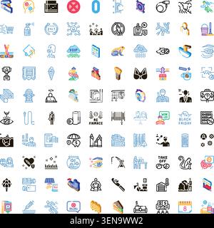 Grouping of diverse vector line and isometric icons depicting a wide array of concepts related to business, technology, finance, lifestyle, and everyd Stock Vector
