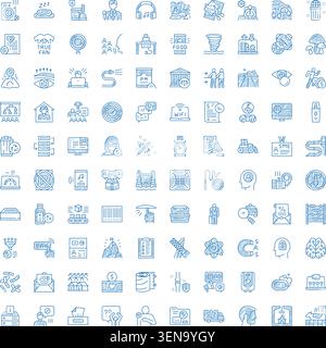 Collection of hand drawn blue line icons illustrating concepts related to business, technology, education, communication, and various aspects of moder Stock Vector