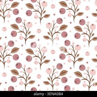 Vector seamless texture of cranberries on white background. Organic texture with berries and foliage. Ditsy textile for wallpaper and fabric Stock Vector