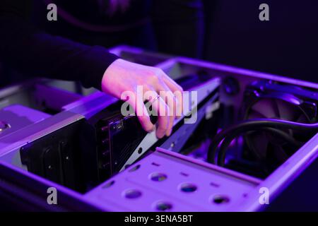 Young female gamer upgrades her gaming PC with a new graphics card in a purple-lit setup Stock Photo
