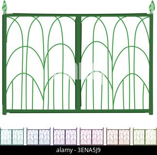 Green decorative iron gate featuring an elegant arched pattern, symbolizing security, privacy, and entrance for architectural designs and home exterio Stock Vector