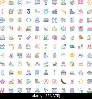 Big set of colorful linear icons illustrating business, tech, lifestyle, health, finance and everyday objects in simple outline style on a clean white Stock Vector