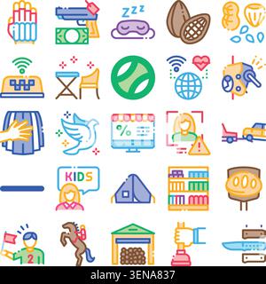Set of colorful line art icons featuring common objects, activities, and abstract ideas, illustrating a wide range of everyday life scenarios and digi Stock Vector