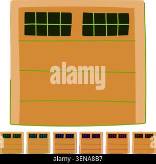 Simple flat design drawing a sectioned brown garage door featuring rectangular window panels with dark glass grids, depicting a common residential hou Stock Vector
