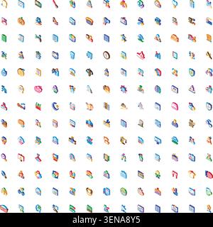 Large vibrant isometric icon set showcasing business, technology, social and lifestyle concepts for web, apps and ui colorful symbols for finance, clo Stock Vector