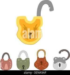 Vintage style padlocks collection featuring various colors and designs, with both open and closed options, representing concepts of security, protecti Stock Vector