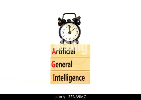 AGI artificial general intelligence symbol. Concept words AGI artificial general intelligence on beautiful wooden blocks. Beautiful white background. Stock Photo
