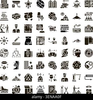 Collection of black glyph icons representing diverse concepts across various fields like business. Technology. Science. Industry. Lifestyle. And healt Stock Vector