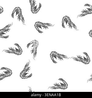 seamless pattern shrimp king tiger hand drawn vector. prawn fresh pink meat, sea red shellfish shrimp king tiger sketch illustration Stock Vector