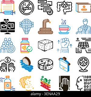 Collection of various colorful and line art icons representing healthcare. Medical treatments. Healthy lifestyle choices. Diet. Technology. Finance. A Stock Vector