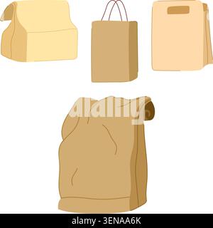 Paper bags in assorted styles and shapes, blank brown kraft designs for grocery, shopping, takeaway and deliveryeco friendly, reusable packaging for r Stock Vector