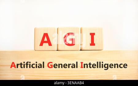 AGI artificial general intelligence symbol. Concept words AGI artificial general intelligence on beautiful wooden blocks. Beautiful white background. Stock Photo