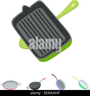 Kitchenware collection featuring different cooking pans and grill pans, essential elements for preparing food and meal preparation in domestic and pro Stock Vector