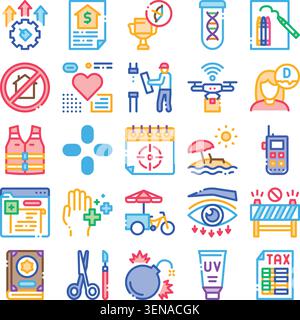 Group of diverse linear icons representing various business concepts, everyday activities, lifestyle elements, and medical themes, featuring outlined Stock Vector