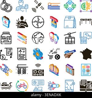 Large collection of diverse line and color icons presenting concepts related to modern business, technology, communication, global issues, and various Stock Vector