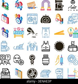 Set of assorted isometric and doodle style icons illustrating diverse business operations, daily equipment, and lifestyle activities for web, applicat Stock Vector