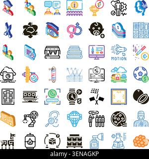 Collection of colorful flat and line art isometric icons representing a wide array of concepts including medicine, business, technology, lifestyle, an Stock Vector