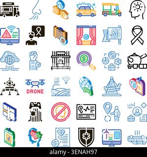 Diverse collection of line art and isometric icons highlighting various themes including technology, security, finance, health, transportation, and so Stock Vector