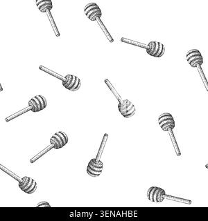 seamless pattern Honey dipper stick featuring a detailed hand drawn engraving style, perfect for illustrating natural food, sweet breakfast, and organ Stock Vector