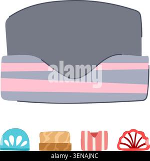 Napkin holder with gray rectangular paper napkins and a decorative pink and gray striped cover, accented by colorful minimalist design elements for ne Stock Vector