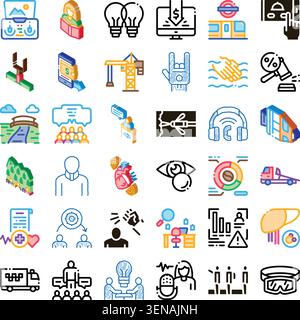 Set of diverse vector icons depicting modern business, healthcare, technology, transportation, finance, and industrial themes for digital and print me Stock Vector