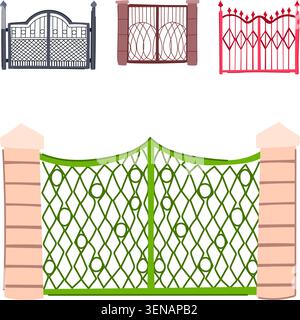 Set of various colorful and decorative gates with different designs, including ornate ironwork, geometric patterns, and protective barriers, illustrat Stock Vector