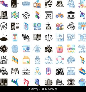 Set of various glyph icons depicting different concepts related to business, communication, travel, food, health, sport, technology, art, and finance Stock Vector