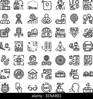 Line art icon set illustrating finance, tech, transport, healthcare, education, environment and everyday objects for web and app design, ui, infograph Stock Vector