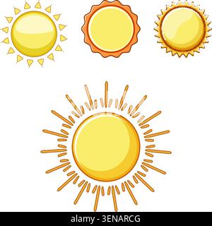 Sun icons set showcasing varied stylistic designs symbolizing weather, summer, light and solar energy, bright yellow orange pictograms for forecasts, Stock Vector