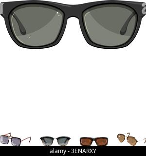 Assorted protective eyewear designs featuring different frame styles and lens colors, illustrating a range of fashion accessories for diverse personal Stock Vector