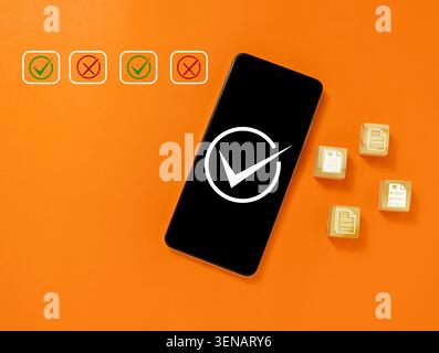 Quality control, feedback evaluation, and digital data verification workflow, Survey document checking process, focusing on online checklist form. Stock Photo