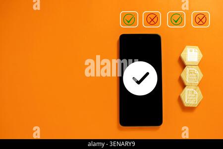 Quality control, feedback evaluation, and digital data verification workflow, Survey document checking process, focusing on online checklist form. Stock Photo