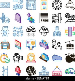 Set of diverse vector icons depicting various concepts from finance, health, technology, urban development, lifestyle, and industry, illustrating diff Stock Vector