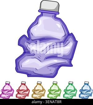 recycle crumpled plastic bottle cartoon. used pet, trash garbage, blue line recycle crumpled plastic bottle sign colorful illustration Stock Vector