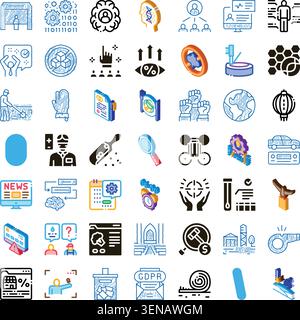 Collection of varied icons depicting themes such as artificial intelligence, data processing, team management, business analytics, health, financial o Stock Vector