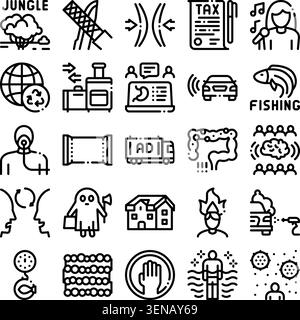 Set of diverse linear icons illustrating a wide range of subjects. Including nature. Finance. Health. Technology. Communication. And daily life activi Stock Vector