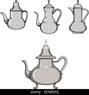 Collection of traditional metal teapots with various designs, ideal for depicting middle eastern or north african tea ceremonies and cultural rituals Stock Vector