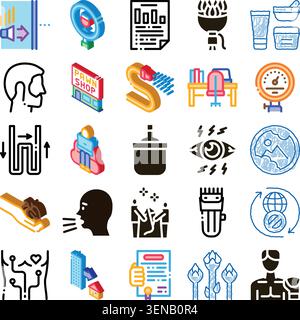 This set of graphic icons features a wide range of subjects, including technology, business, human characteristics, and everyday objects, ideal for il Stock Vector