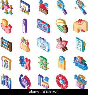 Isometric icon set featuring a diverse range of concepts and themes, representing design elements for education, technology, business, medical, and le Stock Vector