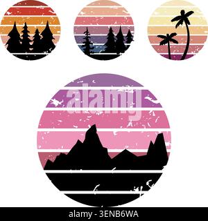 Retro striped circles feature black silhouettes of forests, palm trees, and mountains, capturing various outdoor scenes with a distressed, aesthetic d Stock Vector