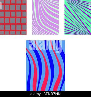 Abstract artwork featuring a diverse collection of colorful geometric patterns, including grids, vertical strips, horizontal bands, and waving lines, Stock Vector